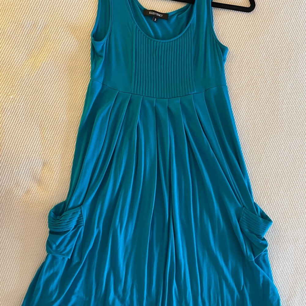 Ellen Tracy A-Line Empire Waist Pleat Detail Turquoise Sundress - Picture 2 of 5